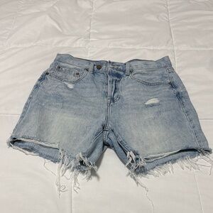 PISTOLA Distressed Light Blue Denim 5 inch inseam Shorts.